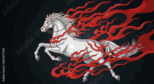 Majestic white horse engulfed in fiery flames, symbolizing power and grace, against a dark backdrop, creating a visually striking and dramatic illustration