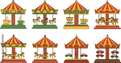 Cute Carousel Merry Go Round Rides Collection With Horses Cars And Teacups Isolated On White Background Flat Vector Illustration