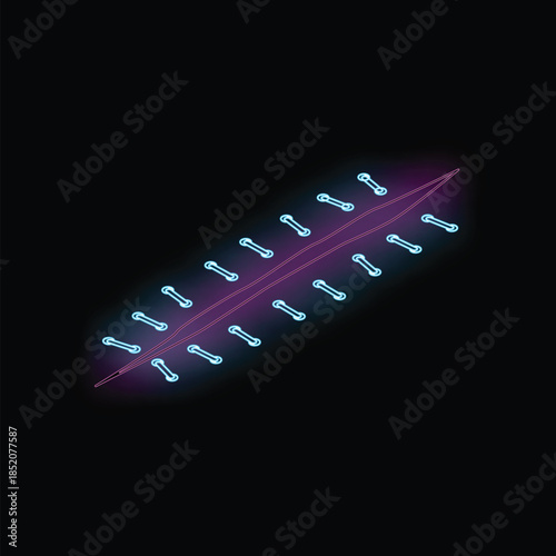 Glowing neon blue surgical suture with staples closing a wound on a black background