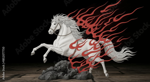 Mythical white horse ablaze with fiery mane and tail gallops, symbolizing power, freedom, and the untamed spirit of nature, against a dark backdrop
