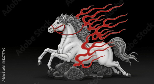 Majestic white horse with flowing fiery mane and tail, galloping through stormy clouds, symbolizing power and speed in a mythical, dynamic scene