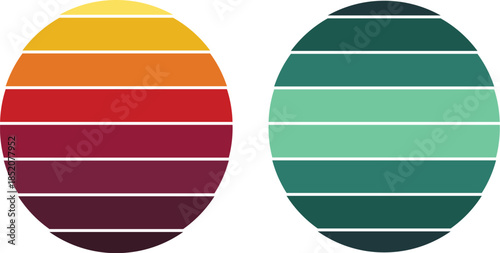 Vibrant Retro Gradient Circles with Horizontal Stripes - Abstract Graphic Design Elements in Warm Sunset and Cool Nature Inspired Color Palettes for Modern Projects