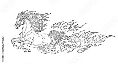 Majestic Fire Horse Illustration - A Mythical Equine Creature Galloping with Fiery Mane and Tail, Symbolizing Power and Speed