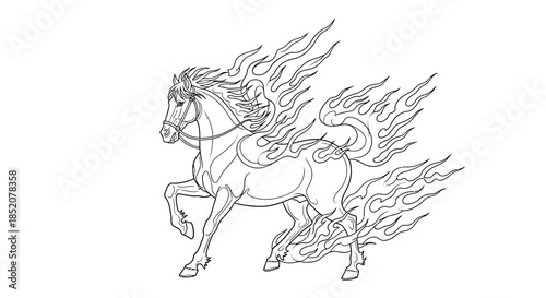 A majestic, mythical horse with a fiery mane and tail, depicted in a dynamic, galloping pose, symbolizing power and untamed spirit, perfect for fantasy art and mythical creature designs