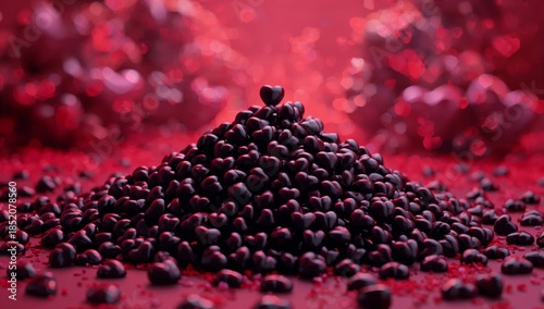 Red Hearts and Black Beans Create a Striking Visual on a Red Background Durin...