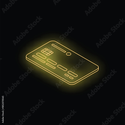 Yellow neon isometric credit card glowing on a black background