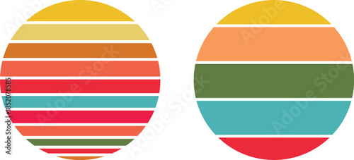 Colorful retro vintage striped ovals with gradient hues, ideal as abstract sunset background elements or vibrant design assets for various creative projects and branding