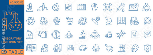 Laboratory icon set. Containing experiment, test tube, microscope, flask, chemical, biology, research, lab and more. line Icon Collection. Fully Editable . Vector illustration.