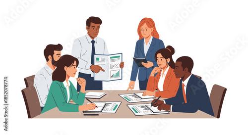 Diverse team of business professionals collaborating during a meeting around a table
