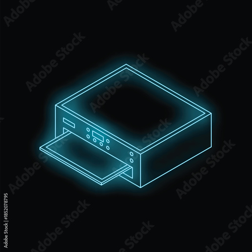 Neon printer printing a document, isometric view of office equipment glowing in the dark
