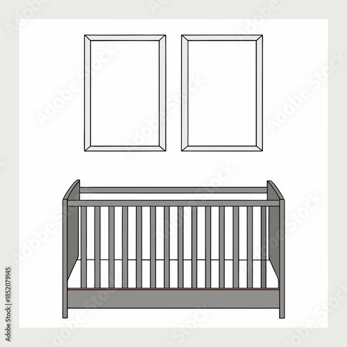 Minimalist baby crib and empty frames interior design scene