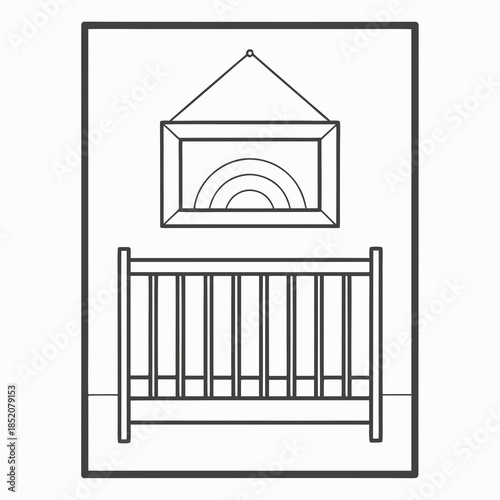 Baby nursery design illustration: crib and rainbow artwork, monochromatic scene 