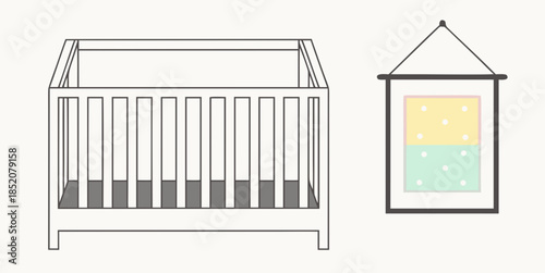 Nursery crib with drawing decor, minimalist baby room interior design
