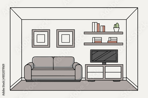 Modern interior design with sofa, shelves, pictures and a tv