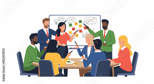 Diverse team members collaborate during a meeting while brainstorming ideas and strategies