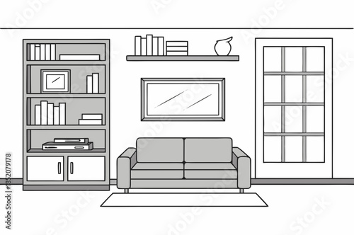 Interior view of a living room with furniture, minimalist design, black and white outline