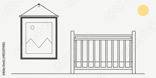 Minimalist nursery interior design with a crib, picture frame, and sun graphic