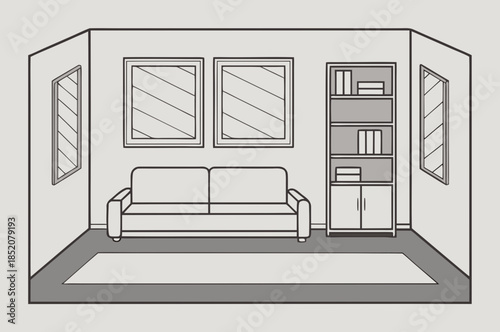 Monochromatic living room interior with furniture, vector illustration 