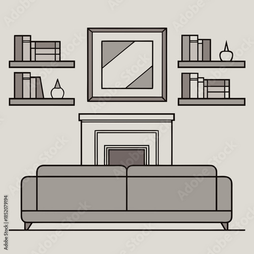 Living room interior design with a sofa, fireplace, and shelves