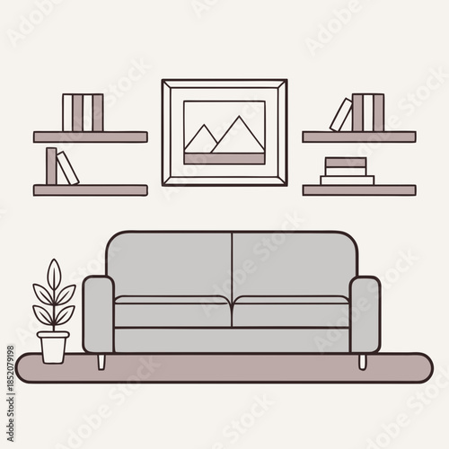 Cozy living room interior with sofa, shelves, books, framed pictures and plant