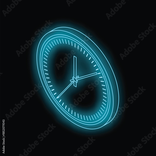 Glowing neon blue clock marking time on a dark background