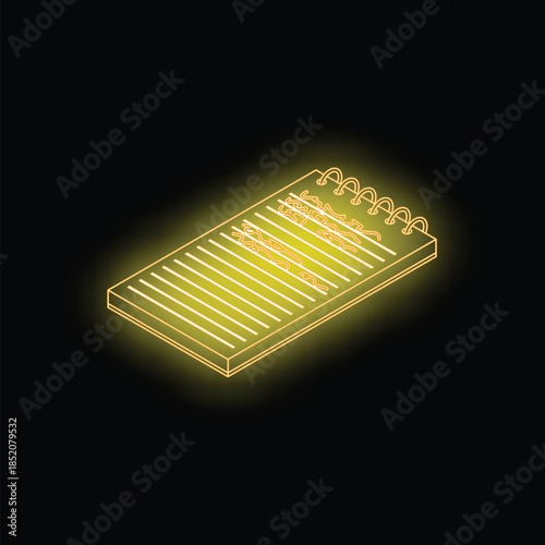 Isometric neon yellow notepad with spiral binding glowing on black background, representing note taking, planning, and organization
