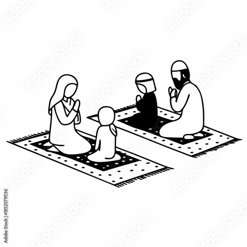 Muslim Family Praying Together at Home Illustration