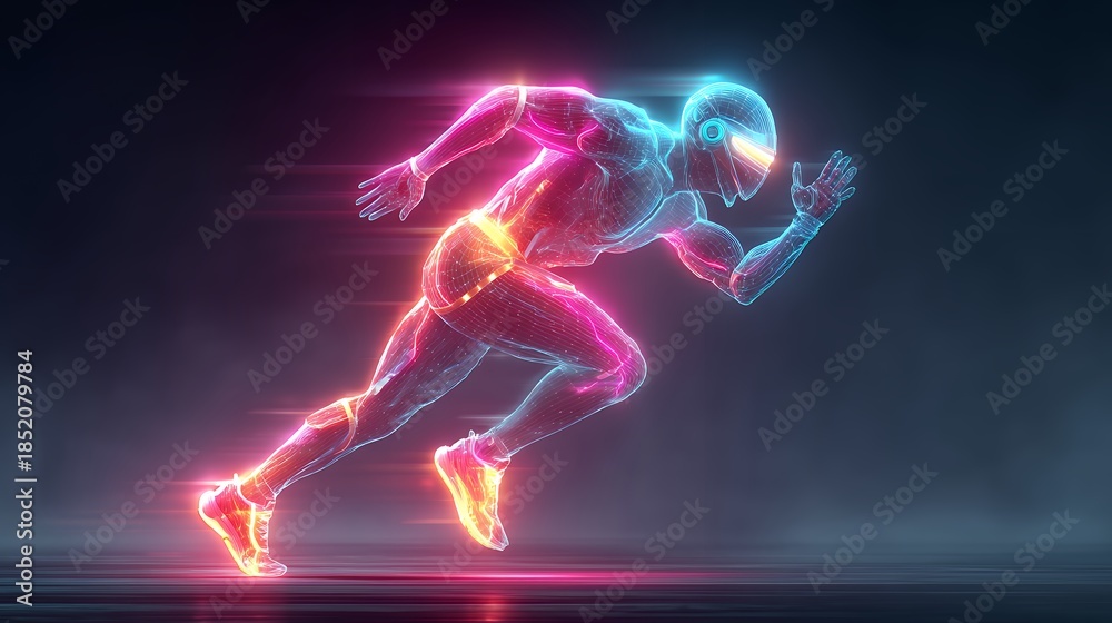 Obraz premium neon athlete sprints forward in cyberpunk style