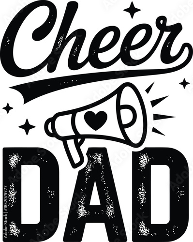 Cheerful dad with megaphone and heart symbol cheerleading
