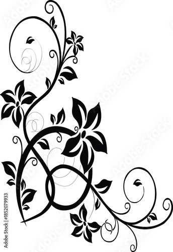 Black floral vine design with leaves and flowers isolated on transparent background