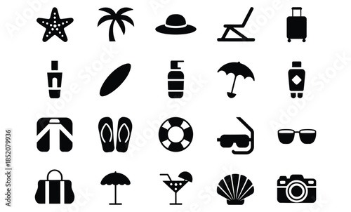 Summer beach icon set with black silhouette vector symbols for travel and nature design
