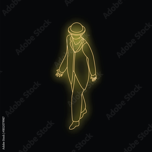 Neon outline of a stylish man wearing a hat and suit, strolling with confidence