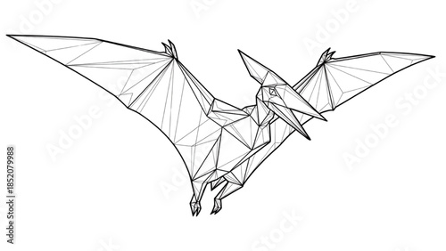 Dynamic geometric wireframe illustration of a prehistoric flying reptile, a captivating pterodactyl in motion