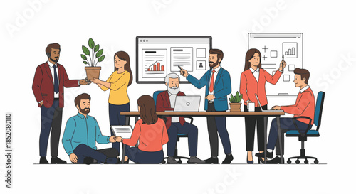Diverse team collaborating and working together in a modern office environment illustration