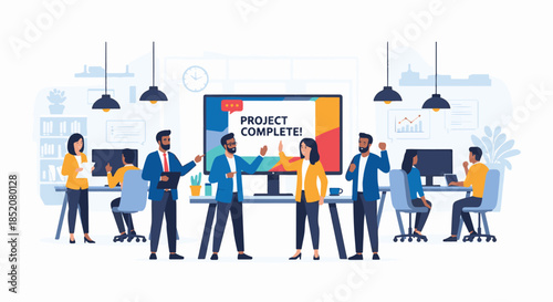 Diverse team celebrates project completion in a modern office environment with a big screen