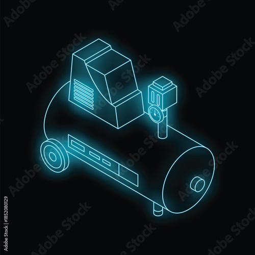 Neon glowing air compressor with pressure gauge on dark background, isometric view