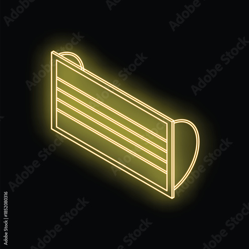 Neon glowing yellow protective face mask isometric icon on black background