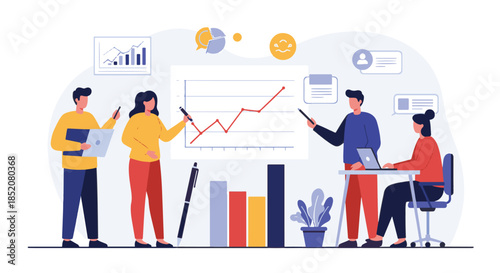 Business team presenting data analysis on a whiteboard during a meeting with a chart