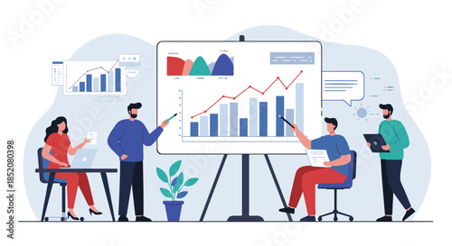 Business team presenting data analysis and discussing strategy during a meeting illustration