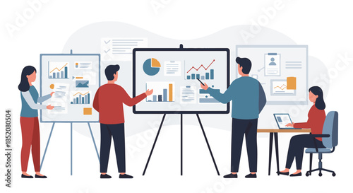 Business team presenting data analysis and charts during a meeting in a modern office setting