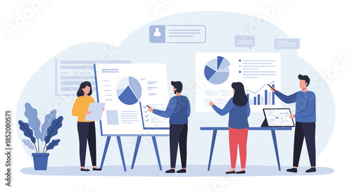 Business team presenting data analysis and charts during a meeting in a modern office setting