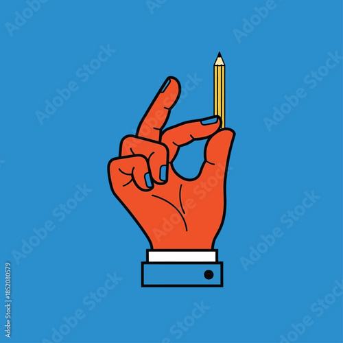 a large orange hand holding a tiny yellow pencil between the fingers 