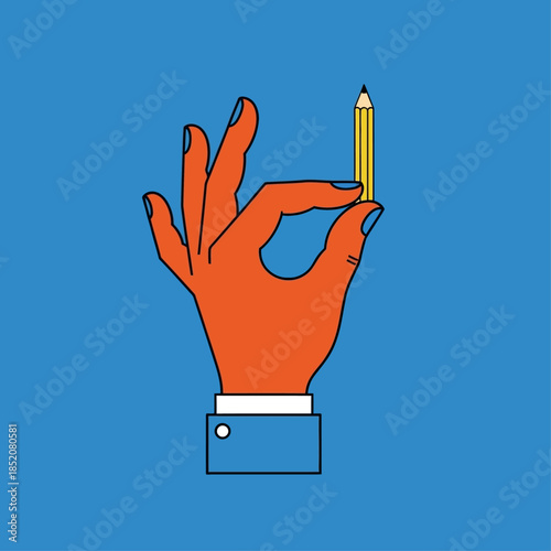a large orange hand holding a tiny yellow pencil between the fingers 