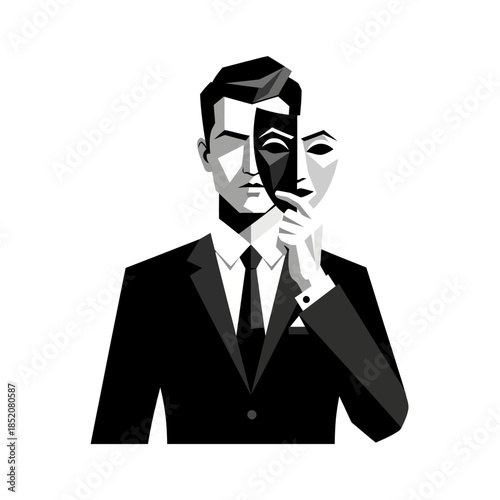 a man in a formal suit holding a theatrical mask near his face