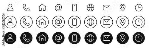 Contact us icon set, containing information name, website, location, address, telephone, mail and more in minimal outline style