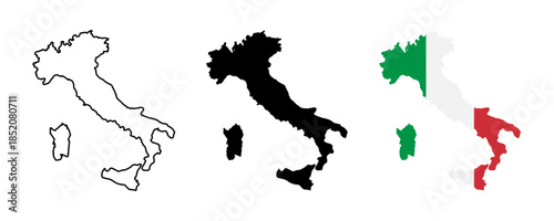 Italy map icon collection, Italy map sign vector set in outline, solid and nation flag style