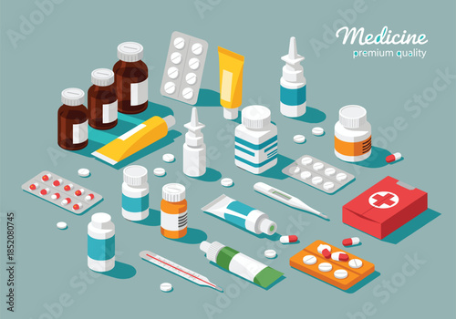 Isometric medical supplies vector set including pill bottles capsules blister packs thermometers ointment tubes and first aid kit for pharmacy.