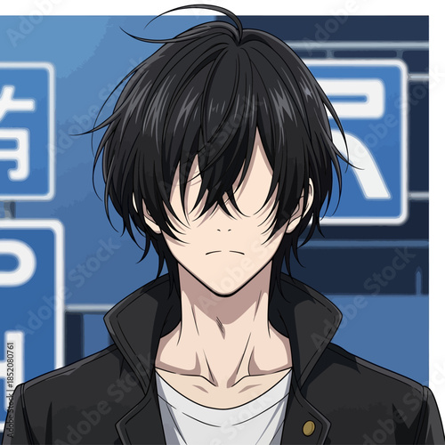 Anime-style faceless male character portrait with messy medium-length black hair covering the eyes