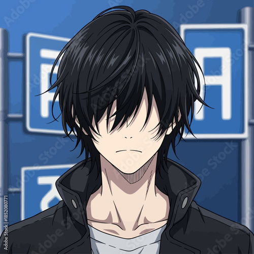 Anime-style faceless male character portrait with messy medium-length black hair covering the eyes