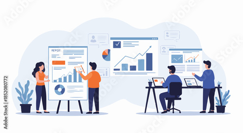 Business team presenting and analyzing data charts and graphs with digital devices